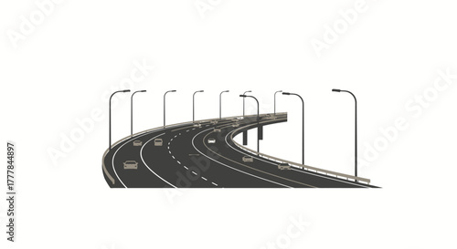 Curving highway road with street lights and vehicles on the asphalt surface.