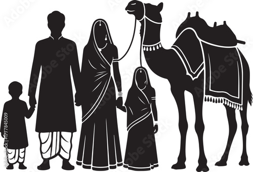Indian family with a camel in traditional clothing black silhouette