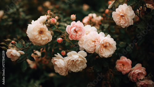 Closeup of pale pink and cream roses with intricate petals, set against a blurred dark green background, highlighting their delicate beauty