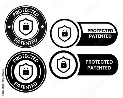 Patented Protected, Technology, Intellectual Property, Patent Applied logo, badge, icon, sticker, label, emblem, stamp, symbol, black, line circle, flat vector, isolated illustration.