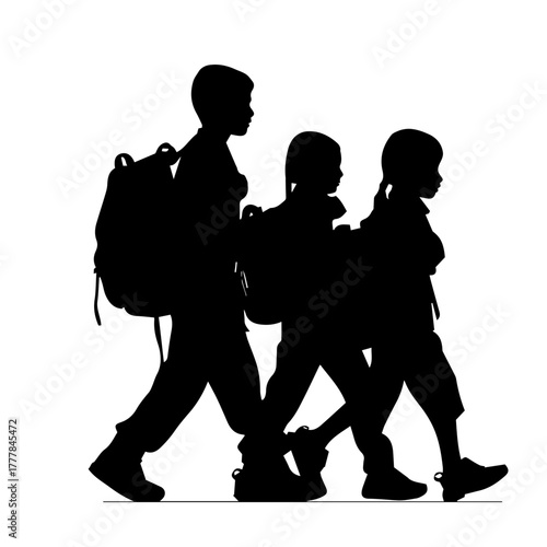 School children walking with backpacks silhouette