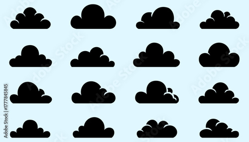 Minimalist black cloud silhouettes set, simple and elegant shapes, clean vector design, isolated on a white background, perfect for modern graphic design and branding