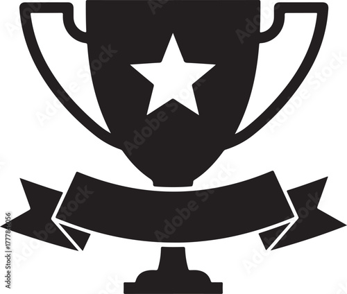 Trophy with star and ribbon icon in black and white