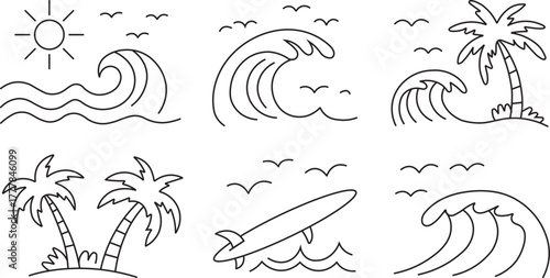 Editable minimalist beach and ocean wave line art vector set with palm trees, sun, surfboard and birds, clean summer tropical doodle illustration collection