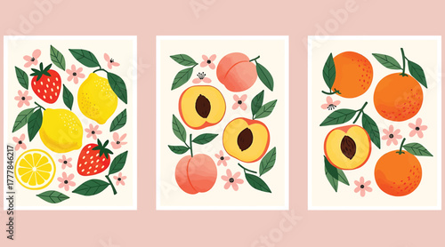 A vibrant collection of fruit illustrations isolated on white background, showcasing strawberries, lemons, peaches, and oranges, complemented by delicate blossoms and lush green leaves