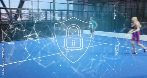 Brunette player serving padel ball volleying with partner while overlay securing match data