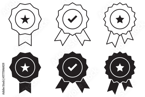 badge with ribbon icon set, approved or verified medal icon. Certified badge symbol, quality sign – stock vector. Award ribbon star icon symbol, premium quality icon sign - medal, prize, badge, 