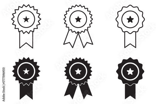 badge with ribbon icon set, approved or verified medal icon. Certified badge symbol, quality sign – stock vector. Award ribbon star icon symbol, premium quality icon sign - medal, prize, badge, 