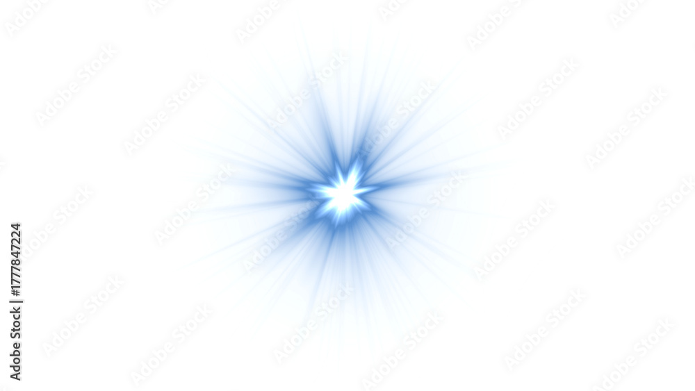 Fototapeta premium Blue glowing abstract light burst effect on white background, star flare, energy impact, and technological power concept