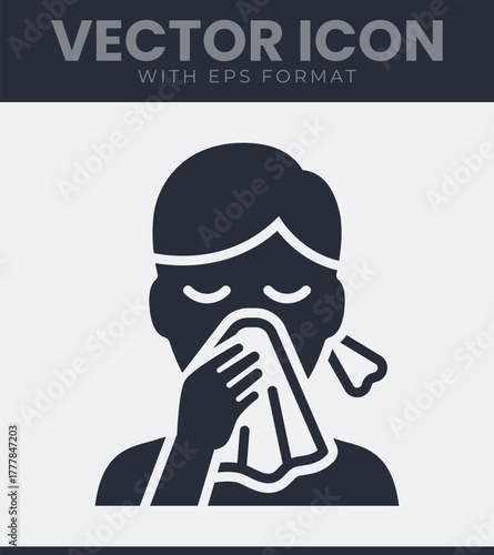 Person blowing nose with tissue, symbolizing cold, flu, allergy, illness, and hygiene practices vector icon illustration