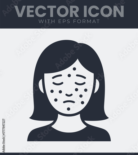 Sad woman's face showing skin problems, acne, pimples, rash, or allergic reaction, dermatology icon