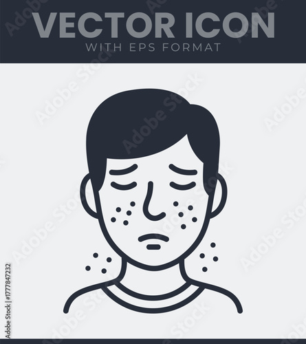 Human head vector icon showing skin problems, acne, rash, irritation, and discomfort unhappy expression, sad face line art for health issues and dermatology concepts