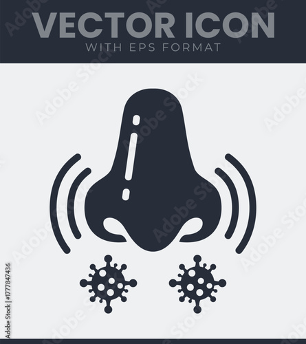 Icon representing a human nose with wavy lines and virus particles, symbolizing infection, smell, or illness