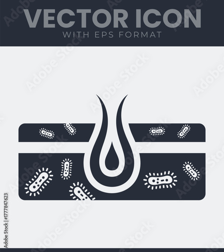 Skin cross-section icon depicting hair follicle and microbial organisms, for dermatology and hygiene concepts