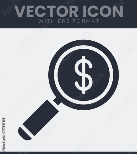 Magnifying glass icon with dollar sign representing financial search, investment, economic analysis and budget