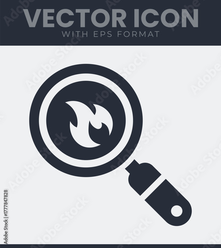 Magnifying glass with flame icon, symbolizing search, hot topics, risk, danger, urgency and alert