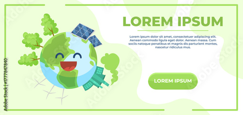 Smiling Earth cartoon with trees, solar panels, and wind turbines on light green background. Concept of eco-friendly planet. Vector illustration