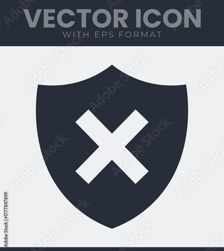 Shield icon with a cross mark, symbolizing protection, error, denial, failure, or security warning