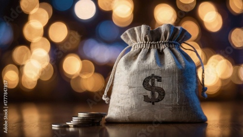 A cloth bag with a dollar sign on it, a stack of coins next to it, and bright bokeh lights in the background