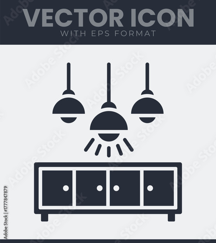 Modern home furniture and lighting icon with cabinet and three hanging lamps, interior design element
