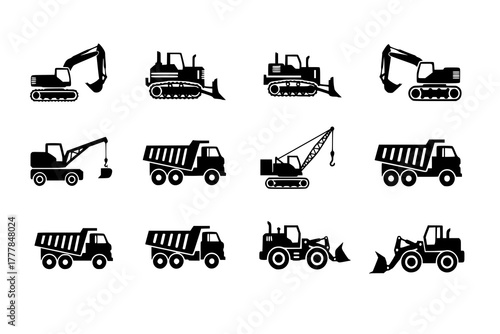 Set of silhouette of heavy construction vehicle. black and white icon truck. vector vset
