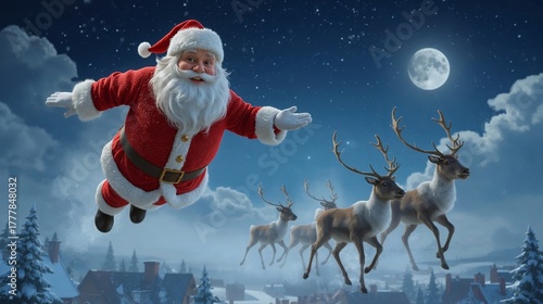 Santa claus flying with reindeer christmas eve night sky moon clouds holiday season celebration
