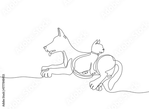 Minimalist continuous one line drawing of a dog lying down with a cat resting on its back, symbolizing friendship, harmony, and peaceful coexistence between pets. Vector illustration. Editable stroke.
