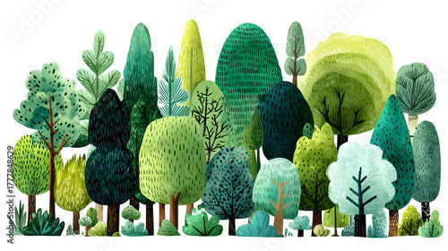 Lush forest illustration with diverse trees and leafy canopy in various green shades