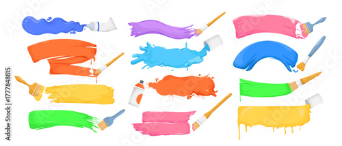Colorful paint strokes with various brushes, tubes, and spray cans shown in artistic style on white background. Concept of painting tools. Vector illustration