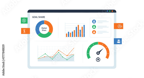 Flat vector illustration of KPI dashboard with goal metrics and performance
