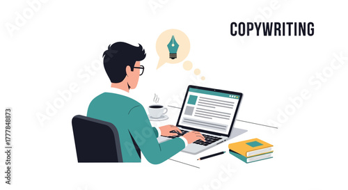 Freelance copywriting illustration with a writer typing on a laptop, white background