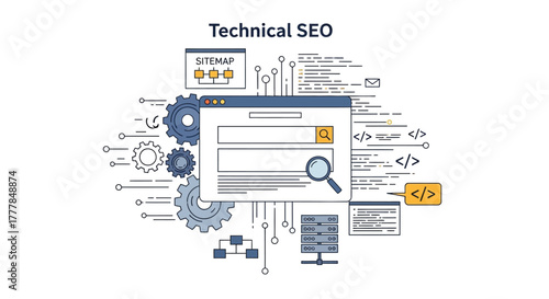 Technical SEO Vector Illustration with Gears, Coding, and a Web Browser
