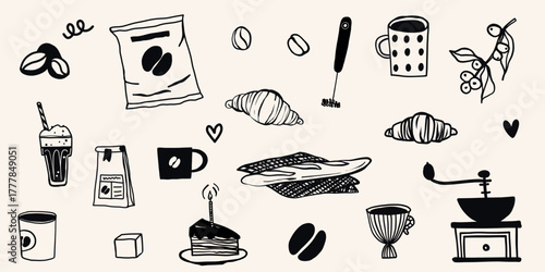 Sketch Coffee doodle set in simple minimalistic style. Whimsical croissant food and drink vector illustration collection. 
