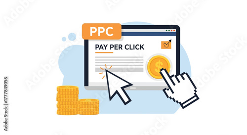 Flat vector illustration of PPC pay per click advertising online ad coins