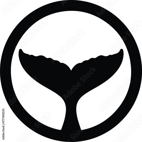 Vector whale tail in circle black and white silhouette illustration