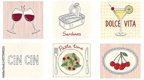 A charming collection of handdrawn italianthemed illustrations, capturing the essence of dolce vita with wine, sardines, pasta, and cherries, isolated on white background