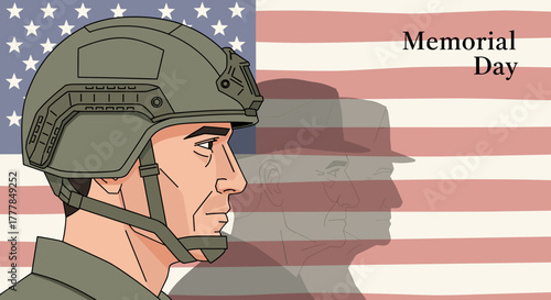Soldier portrait symbolizing generations with silhouettes of older veterans, ideal for Veterans Day promotions and educational materials honoring military legacy