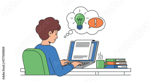 Writer generating creative content ideas at his desk with laptop, flat vector