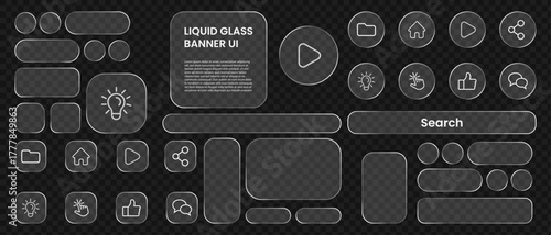 Transparent liquid glass user interface elements kit. Set of glass morphism style buttons, forms, and outlined icons. Modern UI design components.