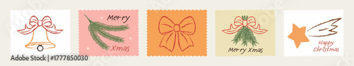 Hand-drawn vintage Christmas postage stamp set in a doodle crayon style: fir branches, ribbons, bows, a bell, a star. Perfect vector art for mail postmarks, stickers, postcards, and festive designs.
