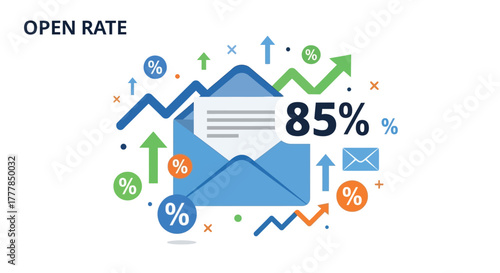 Email Open Rate Analysis Illustration with Growth Charts and Percentage Symbols