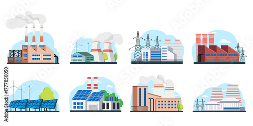 Set of different power stations including solar, nuclear, and thermal in flat style on white background. Concept of energy production. Vector illustration