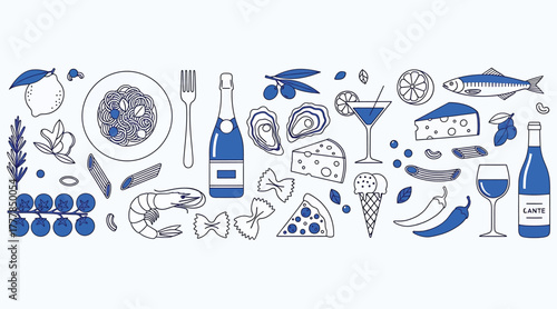 A delightful array of culinary delights, featuring pasta, seafood, cheese, and wine, all rendered in a charming blue and white illustration isolated on white background