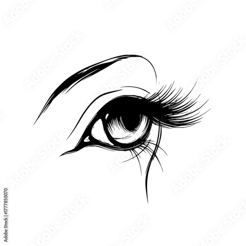 Eye drawing black and white illustration with long eyelashes and eyebrow for beauty and fashion design