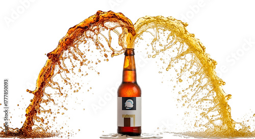 A bottle of beer isolated on transparent background with a splash of brown and yellow liquid coming out of it, creating an arch shape, perfect for advertising or promotional material