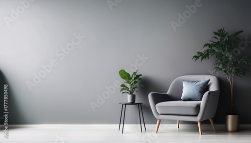interior of living minimal style with grey armchair and plant empty space for products presentation or text for advertising