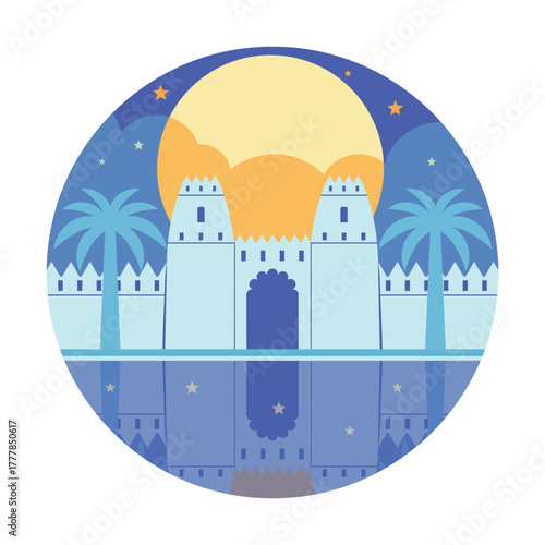 Circle Icon with Old Historical Fort at Night