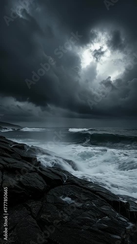 Waves Crashing on Rocky Shoreline Under Dramatic Stormy Sky