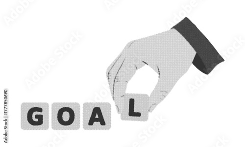 Hand holding placing letter on word blocks text GOAL vector design.