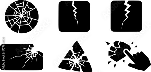 Broken glass, Cracked glass, Broken glass silhouette, Cracked glass silhouette, Broken glass clipart, Broken glass vector set.
